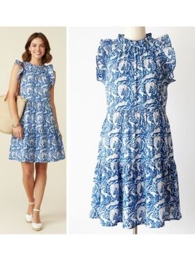 The Fox and the Mermaid Calla Ruffle Trim Block Printed Dress Blue Night Size M
